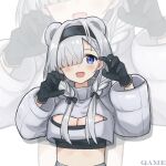  1girl alternate_hairstyle animal_ears arknights aurora_(arknights) bear_ears black_gloves black_hairband blue_eyes breasts claw_pose cleavage cleavage_cutout clothing_cutout commentary_request crop_top cropped_jacket gloves grey_hair grey_jacket hair_over_one_eye hairband highres jacket jiuyu_qame long_hair long_sleeves low_twintails midriff solo stomach twintails upper_body white_background zoom_layer 