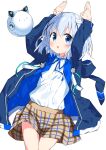  1girl absurdres animal_ears animal_hood blue_eyes blue_hair blue_jacket blue_ribbon brown_skirt character_hair_ornament chestnut_mouth clockwork_rabbit collared_shirt commentary_request dress_shirt fake_animal_ears gochuumon_wa_usagi_desu_ka? hair_between_eyes hair_ornament highres hood hood_down hooded_jacket jacket kafuu_chino long_sleeves looking_at_viewer neck_ribbon open_clothes open_jacket parted_lips plaid plaid_skirt puffy_long_sleeves puffy_sleeves rabbit_ears rabbit_hood ribbon robot school_uniform shirt simple_background skirt solo suta0822 white_background white_shirt x_hair_ornament 