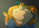  anthro bodily_fluids clothing clothing_pull fupa gastropod hariyamart hi_res male mollusk obese obese_male overalls overweight overweight_male parasite slug solo sweat 