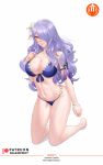  1girl bare_legs bare_shoulders barefoot bikini blue_bikini breasts camilla_(fire_emblem) camilla_(summer)_(fire_emblem) cleavage crazzeffect english_commentary fire_emblem fire_emblem_fates fire_emblem_heroes flower hair_flower hair_ornament hair_over_one_eye highres kneeling large_breasts long_hair looking_at_viewer navel official_alternate_costume pink_eyes purple_hair simple_background solo stomach swimsuit thighs very_long_hair white_background white_flower 