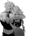  1boy 1girl aerith_gainsborough bangle belt bracelet braid braided_ponytail closed_eyes cloud_strife commentary_request couple cropped_jacket crying eni_(yoyogieni) final_fantasy final_fantasy_vii final_fantasy_vii_remake greyscale hair_ribbon hand_on_another&#039;s_head hand_on_another&#039;s_shoulder hetero highres hug jewelry long_hair monochrome parted_bangs parted_lips ribbon short_hair short_sleeves sidelocks single_braid sketch sleeveless sleeveless_turtleneck smile spiked_hair tears turtleneck upper_body wavy_hair white_background 