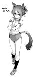  1girl animal_ears breasts buruma character_request check_character fine_motion_(umamusume) full_body greyscale hamao highres horse_ears horse_girl horse_tail looking_at_viewer medium_breasts monochrome shirt shoes short_sleeves simple_background smile sneakers socks t-shirt tail translation_request umamusume white_background 