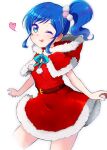  1girl aikatsu! aikatsu!_(series) arms_at_sides belt blue_eyes blue_hair blue_ribbon breasts capelet christmas colored_eyelashes cowboy_shot dress fur-trimmed_capelet fur-trimmed_dress fur-trimmed_hood fur_trim hair_ornament heart hood hood_down hooded_capelet kiriya_aoi light_blush looking_at_viewer mo_sabo one_eye_closed pom_pom_(clothes) pom_pom_hair_ornament red_belt red_capelet red_dress ribbon santa_dress short_dress short_hair side_ponytail sidelocks simple_background small_breasts smile solo swept_bangs wavy_hair white_background 