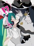  !? beanie black_gloves bow collared_shirt dark_miku_(project_voltage) earrings gloves green_hair hat hat_bow hatsune_miku jewelry long_hair long_sleeves luxury_ball poke_ball pokemon project_voltage psychic_miku_(project_voltage) shirt short_sleeves tabun_ningen very_long_hair vocaloid white_gloves white_headwear white_shirt 