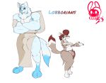  2022 absurd_res anthro areola belly black_areola blue_body blue_ears blue_eyes blue_fur blue_hair blue_tail bottomwear breasts bulge_under_clothes canid canine canis clothing duo female fur grey_body grey_clothing grey_ears grey_eyes grey_fur grey_tail hair hi_res larger_anthro larger_male leg_markings loincloth male mammal markings multicolored_body multicolored_fur red_body red_ears red_fur red_hair red_tail sheath_bulge size_difference smaller_anthro smaller_female socks_(marking) striped_body striped_ears striped_fur striped_markings striped_tail stripes succubusbnny tail tail_markings text thick_thighs topwear two_tone_body two_tone_fur two_tone_tail white_body white_ears white_fur white_hair white_tail wide_hips wolf yellow_clothing 