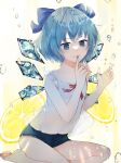  1girl absurdres barefoot blue_bow blue_eyes blue_hair blue_shorts blush bow camisole cirno collarbone fairy grin hair_bow highres ice ice_wings short_hair shorts smile solo touhou white_camisole wings yurara_(aroma42enola) 