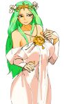  1girl 3amsoda absurdres armpit_crease breasts cleavage commentary curvy dress fire_emblem fire_emblem:_three_houses flower green_eyes green_hair hair_flower hair_ornament highres jewelry large_breasts long_hair necklace rhea_(fire_emblem) simple_background smile solo tiara white_background white_dress 