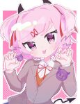  1girl :p anzen_robo_(474zz) blazer blue_skirt doki_doki_literature_club drawn_horns drawn_tail drawn_whiskers emoji flat_chest highres jacket looking_at_viewer natsuki_(doki_doki_literature_club) pink_background pink_eyes pink_hair school_uniform shirt short_hair skirt tongue tongue_out twintails twitter_username upper_body white_shirt 