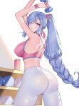  1girl bare_shoulders blue_eyes blush braid braided_ponytail breasts dumbbell earrings exercise genshin_impact grey_hair hair_ornament hair_over_one_eye highres jewelry large_breasts long_hair looking_at_viewer orange_sekaii pants shenhe_(genshin_impact) solo sports_bra tassel two-tone_sports_bra very_long_hair weights wristband yoga_pants 