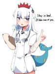  1girl absurdres bandaged_arm bandages blue_eyes blue_nails english_text fins fish_tail gawr_gura hat highres hololive hololive_english medium_hair nail_polish nurse nurse_cap open_mouth shark_tail sharp_teeth simple_background skkazu1 solo tail teeth white_background 