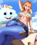  1girl arm_tattoo arm_up bikini bracelet cloud cloudy_sky crossed_legs denim green_bikini hat highres jeans jewelry log_pose long_hair nami_(one_piece) navel one_piece open_mouth orange_eyes orange_hair pants realistic seignest signature sky smile swimsuit tattoo tears zeus_(one_piece) 