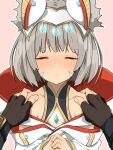 1girl 1other animal_ear_fluff animal_ears black_gloves blush closed_eyes closed_mouth collarbone commentary_request covered_collarbone facing_viewer fingerless_gloves gloves grey_hair highena highres long_sleeves nia_(xenoblade) nose_blush outline own_hands_together pink_background short_hair shoulder_grab simple_background solo_focus upper_body white_outline xenoblade_chronicles_(series) xenoblade_chronicles_2 