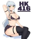  1girl absurdres arm_behind_head arm_up armpits bare_arms bare_shoulders bikini bikini_top_only black_skirt black_thighhighs breasts character_name collarbone commentary facial_mark feet_out_of_frame fnzz girls&#039;_frontline green_eyes grey_hair highres hk416_(girls&#039;_frontline) large_breasts looking_at_viewer miniskirt navel pleated_skirt ponytail simple_background sitting skirt solo stomach swimsuit thigh_strap thighhighs thighs white_background 
