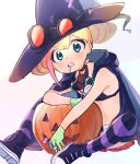  belt black_bra black_cape black_footwear blonde_hair bra candy cape double_bun flat_chest food gloves goggles goggles_on_headwear green_eyes green_gloves hair_bun halloween hat highres holding holding_candy holding_food holding_lollipop hood hood_down jack-o&#039;-lantern kouhara_yuyu lollipop looking_at_viewer lucia_fex multicolored_hair pink_hair plaid plaid_skirt promare red_skirt respirator simple_background single_sidelock sitting skirt striped striped_thighhighs swirl_lollipop thighhighs underwear white_background white_belt witch_hat 
