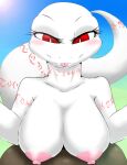  2018 absurd_res albino anthro areola arm_tattoo bedroom_eyes big_breasts big_eyes big_tail biped blep blush breasts bust_portrait crusch_lulu day detailed_background digital_drawing_(artwork) digital_media_(artwork) eyelashes female front_view hi_res huge_breasts light lizard lizardman lizardman_(overlord) long_tail looking_down milkteafox narrowed_eyes neck_tattoo nipples non-mammal_breasts nude outside overlord_(series) pink_areola pink_nipples pink_tattoo pink_tongue portrait pupils red_eyes reptile scalie seductive shaded slit_pupils smile soft_shading solo sun sunlight tail tail_tattoo tattoo thick_tail tongue tongue_out tribal tribal_tattoo white_body white_pupils 