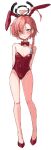  1girl ahoge animal_ears arms_behind_back asymmetrical_bangs bandaid bandaid_on_knee bandaid_on_leg blue_archive blush bow bowtie braid collar covered_navel detached_collar fake_animal_ears flat_chest full_body groin halo leotard looking_at_viewer mofujiro neru_(blue_archive) neru_(bunny)_(blue_archive) official_alternate_costume pink_hair playboy_bunny rabbit_ears red_bow red_bowtie red_footwear red_leotard single_braid strapless strapless_leotard sweatdrop white_collar 