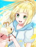  1girl blonde_hair blunt_bangs cloud cloudy_sky colored_eyelashes cutiefly day field flower flower_field green_eyes highres holding holding_pokemon lillie_(pokemon) long_hair open_mouth petals pokemon pokemon_(creature) pokemon_(game) pokemon_sm ponytail rikurou shirt sky smile teeth upper_teeth_only white_shirt 