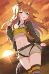  1girl :d absurdres anima_miko animal_ears bangs black_jacket brown_hair commentary_request cowboy_shot crop_top highres horse_ears jacket long_hair long_sleeves looking_at_viewer mayano_top_gun_(umamusume) midriff navel open_mouth orange_sky outdoors shirt short_shorts shorts sky smile solo standing stomach sunset thighhighs thighs two_side_up umamusume very_long_hair white_shorts yellow_eyes yellow_shirt 