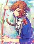  1boy animal_ears blue_eyes blurry blurry_background brown_hair chiyu_(silverxxxx) closed_mouth commentary_request dated ensemble_stars! flower happy_birthday holding holding_weapon long_sleeves looking_at_viewer male_focus mandarin_collar medium_hair mikejima_madara monkey_boy monkey_ears monkey_tail outdoors sleeves_past_elbows solo tail upper_body weapon 