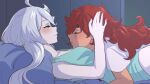  2girls anime_coloring blush closed_eyes closed_mouth couple dark gundam gundam_suisei_no_majo half-closed_eyes hand_on_another&#039;s_head highres lying lying_on_person mesmarique miorine_rembran multiple_girls night on_back on_bed pillow red_hair sleeping smile suletta_mercury white_hair yuri zzz 