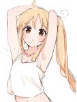 1girl absurdres ahoge armpits arms_behind_head arms_up blonde_hair bocchi_the_rock! brown_eyes commentary_request cropped_shirt highres ijichi_nijika long_hair looking_at_viewer midriff_peek navel parted_lips shirt side_ponytail sketch sleeveless sleeveless_shirt solo steaming_body sweat ukitaryu white_shirt 