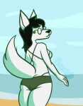  anthro anthrofied beach big_breasts big_butt breasts butt clothed clothing eyewear female fluffy fluffy_tail fur glasses hi_res homestuck jade_harley looking_at_viewer looking_back ms_paint_adventures nokamiwd seaside simple_background solo swimwear tail thick_thighs webcomic white_body white_fur 