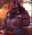  anthro belly big_belly bulge canid canine canis chest_tuft clothed clothing hi_res looking_at_viewer male mammal musclegut nava nipples overweight overweight_anthro overweight_male pubes smile solo thunderhacs topless tuft underwear window wolf yellow_eyes 