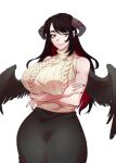  1girl bare_shoulders black_hair black_wings breasts colored_inner_hair demon_horns feathered_wings highres hololive hololive_english horns huge_breasts long_hair mamarissa mole mole_under_eye multicolored_hair red_eyes ribbed_sweater ryuuen_tanaka sleeveless sweater thick_thighs thighs turtleneck turtleneck_sweater wide_hips wings 