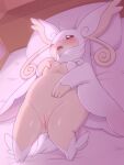  3:4 anthro bed blush bodily_fluids breasts detailed_background female fluffy fluffy_tail fur furniture genital_fluids genitals hand_on_breast hi_res inside kajinchu lying mega_audino mega_evolution nintendo nipples one_eye_closed open_mouth pillow pokemon pokemon_(species) pussy pussy_juice red_eyes saliva solo tail tongue tongue_out white_body white_fur 