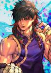  1boy bare_shoulders black_hair bosch_(street_fighter) braid clenched_hand fighting_stance hair_over_one_eye hungry_clicker male_focus muscular muscular_male paint_splatter red_hair solo street_fighter street_fighter_6 twin_braids upper_body 