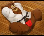  2023 96panda absurd_res anthro asian_clothing bear black_bars brown_body bulge butt clothing east_asian_clothing fundoshi hi_res japanese_clothing juuichi_mikazuki kemono letterbox lying male mammal morenatsu musk overweight overweight_male red_clothing red_fundoshi red_underwear solo underwear 