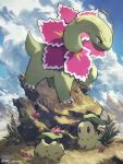  arc_draws chikorita claws closed_mouth cloud commentary_request day flower grass highres meganium no_humans open_mouth outdoors pink_flower pokemon pokemon_(creature) sky standing yellow_eyes 