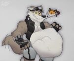  2023 abdominal_bulge anthro belly big_belly bottomwear brown_body brown_fur canid canine canis clothed clothing digital_media_(artwork) epic_games fennix_(fortnite) fingerless_gloves fortnite fox fur gloves grin handwear headgear hi_res jacket looking_at_viewer male mammal open_clothing open_jacket open_topwear shorts simple_background smile tail tail_motion tailwag topwear vore wendell_(fortnite) wolf yellow_sclera zopilotemenu 