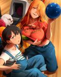  2girls :o absurdres ball bowling bowling_ball breast_padding breasts cat chainsaw_man fangs hair_ornament hair_over_one_eye hairclip higashiyama_kobeni highres holding holding_ball horns khyle. kneeling long_hair looking_at_viewer meowy_(chainsaw_man) multiple_girls navel orange_eyes orange_hair overalls panties panty_peek power_(chainsaw_man) red_horns red_shirt sharp_teeth shirt sitting teeth underwear 