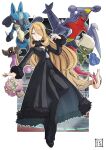  1girl black_coat black_footwear black_pants blonde_hair closed_mouth coat cynthia_(pokemon) fur-trimmed_coat fur_collar fur_trim garchomp gastrodon grey_eyes hair_ornament hair_over_one_eye highres long_hair long_sleeves lucario milotic outside_border outstretched_arm pants pokemon pokemon_(creature) pokemon_(game) pokemon_dppt remy_goux roserade signature smile solo spiritomb v-neck wavy_hair 