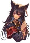  1girl animal_ears ascot black_coat black_hair choker closed_mouth coat cropped_torso ear_bar granblue_fantasy granblue_fantasy_versus hair_between_eyes hands_up hungry_clicker lips long_hair long_sleeves looking_up nier_(granblue_fantasy) own_hands_together red_eyes simple_background single_wrist_cuff solo upper_body white_background wrist_cuffs 