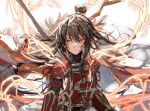  1girl armor brown_hair cape chinese_armor closed_mouth coat dragon_horns fire fur-trimmed_coat fur_trim gold_trim hair_bun highres horns library_of_ruina long_hair looking_at_viewer project_moon red_armor red_cape red_eyes red_ribbon ribbon scales sidelocks simple_background solo tkylv1683 very_long_hair white_background xiao_(library_of_ruina) 