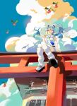  1girl altaria blue_hair blue_sky cloud detached_sleeves detailed_background double_bun flying_miku_(project_voltage) gradient_hair hair_bun hatsune_miku highres hoppip long_hair multicolored_hair parted_lips pokemon pokemon_(creature) project_voltage see-through see-through_sleeves sky sugahri torii twintails very_long_hair vocaloid wind_chime 
