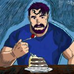 1boy artist_name bara beard blue_background blue_shirt cake cake_slice character_name eating facial_hair food food_on_face forehead_tattoo fork forked_eyebrows fruit holding holding_fork looking_at_viewer muscular muscular_male non-web_source open_mouth purple_eyes purple_hair shirt smile solo strawberry strawberry_shortcake thick_eyebrows yatsuoshi_53 yatsuoshi_yoshikawa(yatsuoshi_53) 
