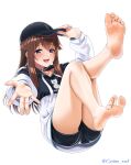 1girl :d arm_up bare_legs barefoot baseball_cap black_shorts blue_eyes brown_hair casino_(casinoep) drawstring feet full_body hair_between_eyes hand_on_headwear hat highres hololive hood hoodie knees_together_feet_apart legs legs_up long_hair long_sleeves outstretched_arm pink_nails short_shorts shorts simple_background smile soles solo toe_scrunch toenails toes tokino_sora tokino_sora_(6th_costume) twitter_username white_background 