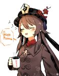  1girl =_= absurdres admiralkukichi black_headwear brown_coat brown_hair coat cup english_commentary english_text flower genshin_impact hat hat_flower hat_tassel highres holding holding_cup hu_tao_(genshin_impact) light_blush long_hair long_sleeves mug open_mouth print_mug simple_background solo speech_bubble twintails upper_body white_background 