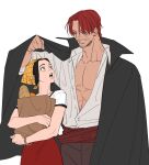  1boy 1girl back_hair bag black_cape bracelet cape facial_hair head_scarf highres holding holding_bag jewelry looking_at_another makino_(one_piece) medium_hair mush820823 one_piece open_mouth partially_unbuttoned red_hair scar scar_across_eye shanks_(one_piece) shopping_bag short_hair short_sleeves simple_background smile teeth white_background 