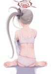  1girl artist_name ass barefoot black_scrunchie blue_archive bra from_behind grey_hair hair_ornament hair_scrunchie halo highres long_hair mutsuki_(blue_archive) panties red_halo rryiup scrunchie side_ponytail signature simple_background soles solo toes underwear white_background white_bra white_panties 