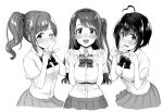  3girls ;) ahoge blush bow bowtie breasts cropped_legs futou_ryouko greyscale idolmaster idolmaster_cinderella_girls igarashi_kyoko implied_pregnancy kohinata_miho looking_at_viewer medium_breasts monochrome multiple_girls one_eye_closed one_side_up pink_check_school_(idolmaster) pleated_skirt pregnancy_test school_uniform shimamura_uzuki side_ponytail skirt smile sweatdrop 