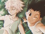  2boys black_hair blue_eyes enoki_(gongindon) gon_freecss hunter_x_hunter killua_zoldyck looking_at_viewer lying male_child male_focus multiple_boys official_alternate_costume official_style on_back one_eye_closed selfie short_hair sleeping smile spiked_hair tank_top tree_shade upper_body white_hair white_tank_top 