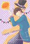  1boy black_headwear blue_coat bow brown_hair closed_mouth coat fire fullmetal_alchemist gloves happy_halloween hat male_focus polka_dot polka_dot_background pumpkin purple_background purple_bow romaji_text roy_mustang short_hair simple_background solo top_hat tsuki_oto_sena white_gloves 