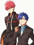  2boys asanaka_yomogi black_suit blue_eyes blue_hair business_suit formal gauma gridman_universe gridman_universe_(film) hair_ornament hairclip multiple_boys necktie official_alternate_costume red_hair risyo scar scar_on_face shirt short_hair smile suit sunglasses white_necktie yellow_eyes 