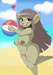  absurd_res ball beach beach_ball big_breasts breasts brown_hair female goblin green_body green_skin hair hi_res humanoid inflatable lust_paladin nipples not_furry seaside solo thick_thighs 