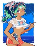  beach breasts clothes_lift electric_fan eyewear_on_head green_hair highres horns long_hair looking_at_viewer lum midriff moroboshi_ataru navel ocean one_eye_closed oni_horns orange_eyes palm_tree pointy_ears ponytail shirt shirt_lift shorts summer sunglasses tan tanlines tree underboob urusei_yatsura wet wet_clothes wet_shirt white_shirt yudemotchi 