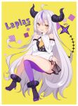  1girl ahoge ankle_cuffs ayamisiro bare_shoulders black_horns braid braided_bangs breasts character_name detached_sleeves grey_hair highres hololive horns la+_darknesss la+_darknesss_(1st_costume) long_hair looking_at_viewer multicolored_hair open_mouth pointy_ears purple_hair small_breasts smile solo streaked_hair striped_horns tail virtual_youtuber yellow_eyes 